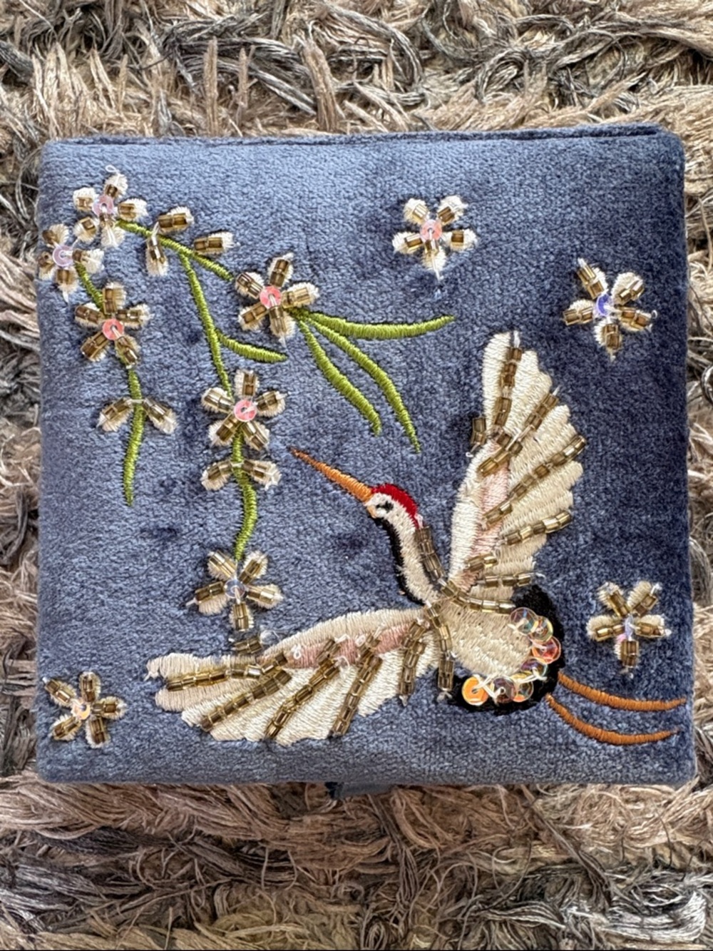Hand Crafted Gray Embroidered Crane Box with Gold Accents - Picture 8 of 8